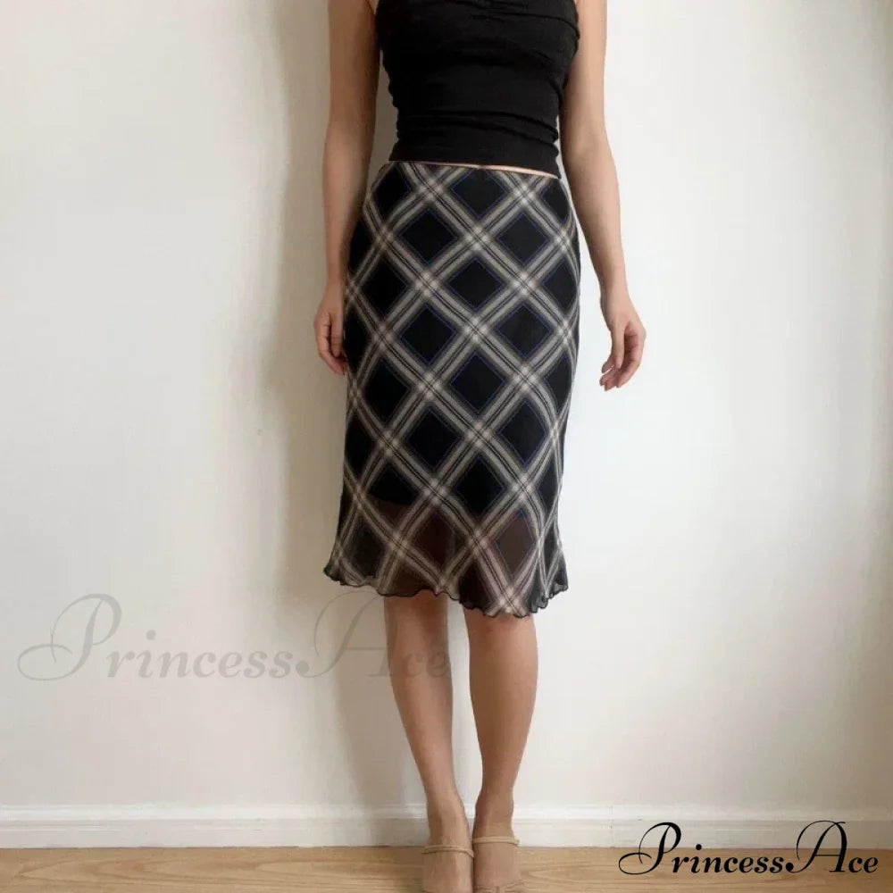 Plaid Vintage Ruffle Mid Skirt Aesthetics Tulle