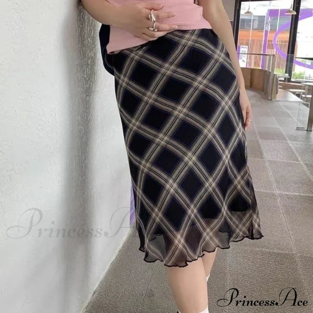 Plaid Vintage Ruffle Mid Skirt Aesthetics Tulle