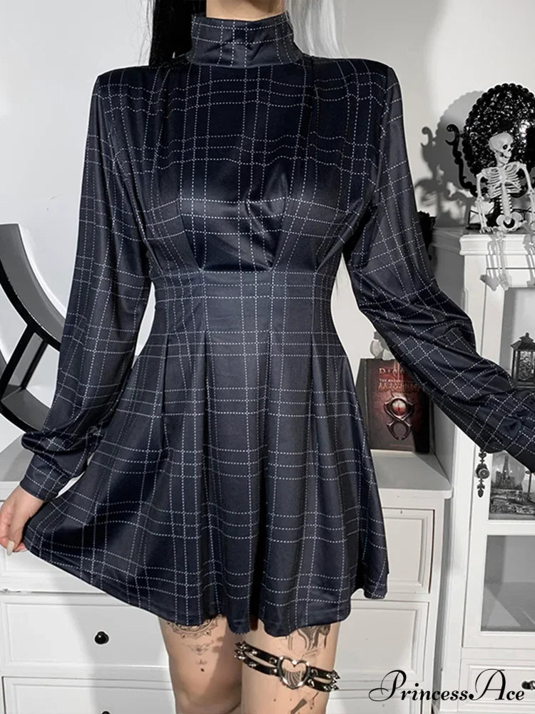 Plaid Winter Long Sleeve Turtleneck A-Line Cosplay Academy Pleated Corset Dark Blue E Girl