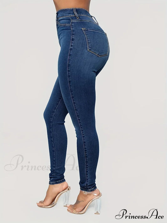 Plain High Waist Skinny Rise Slim Fit Slash Pockets Casual Denim Jean