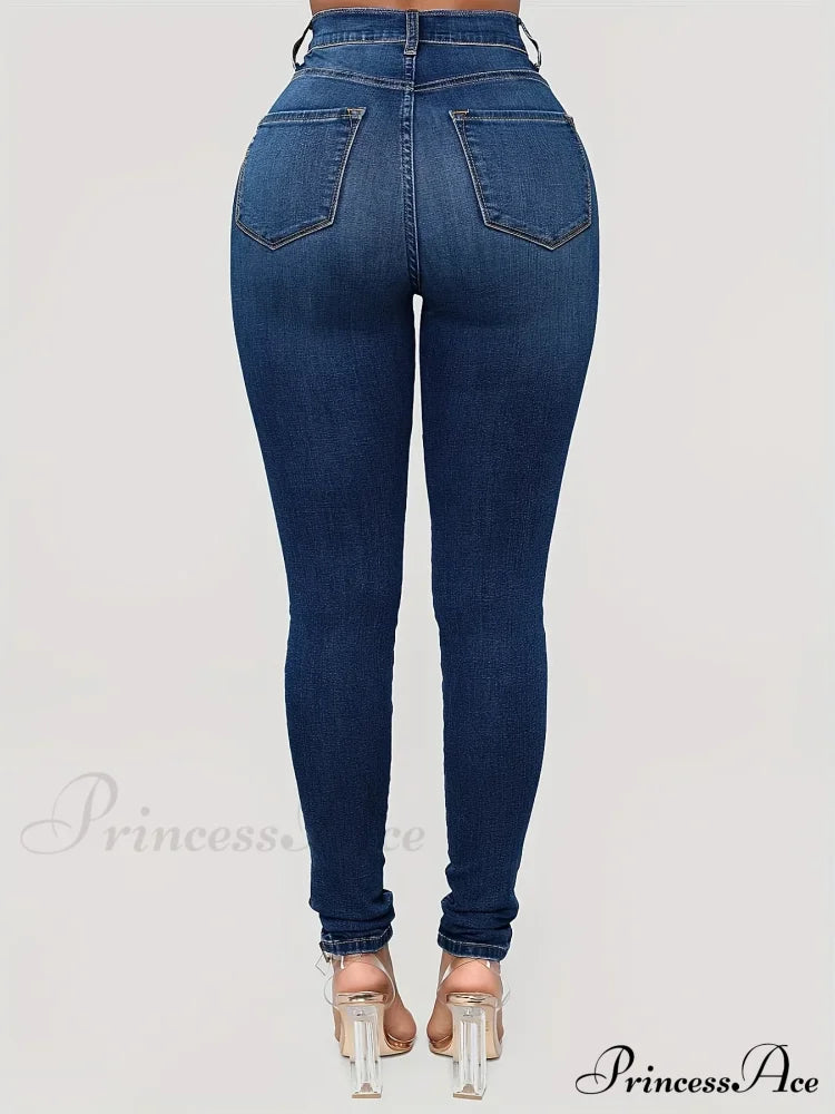 Plain High Waist Skinny Rise Slim Fit Slash Pockets Casual Denim Jean