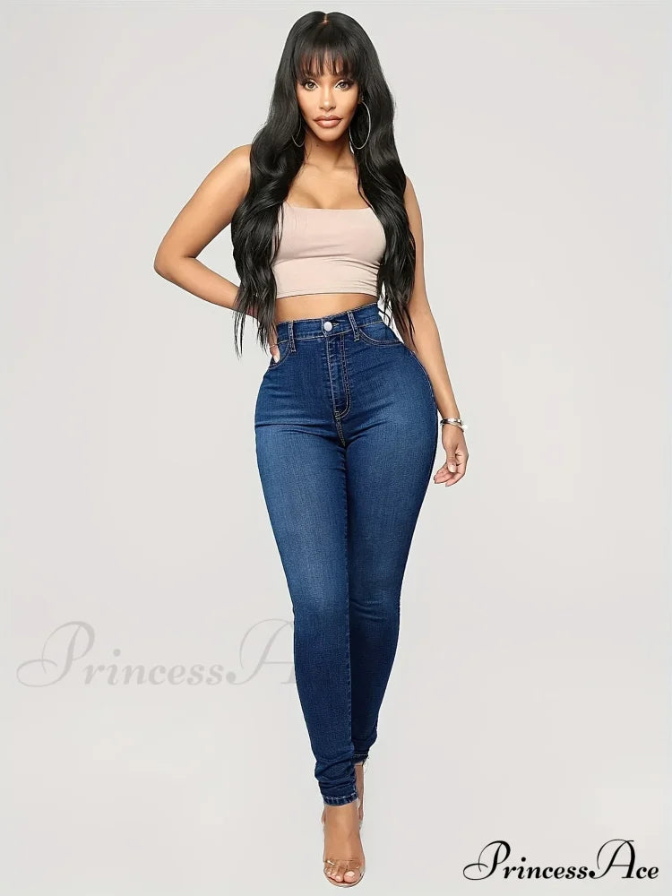 Plain High Waist Skinny Rise Slim Fit Slash Pockets Casual Denim Jean