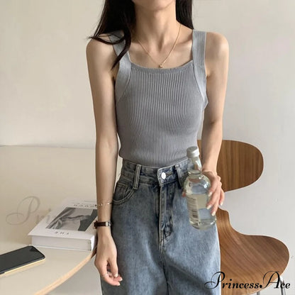 Plain Knitted Tank Tops Grey / One Size