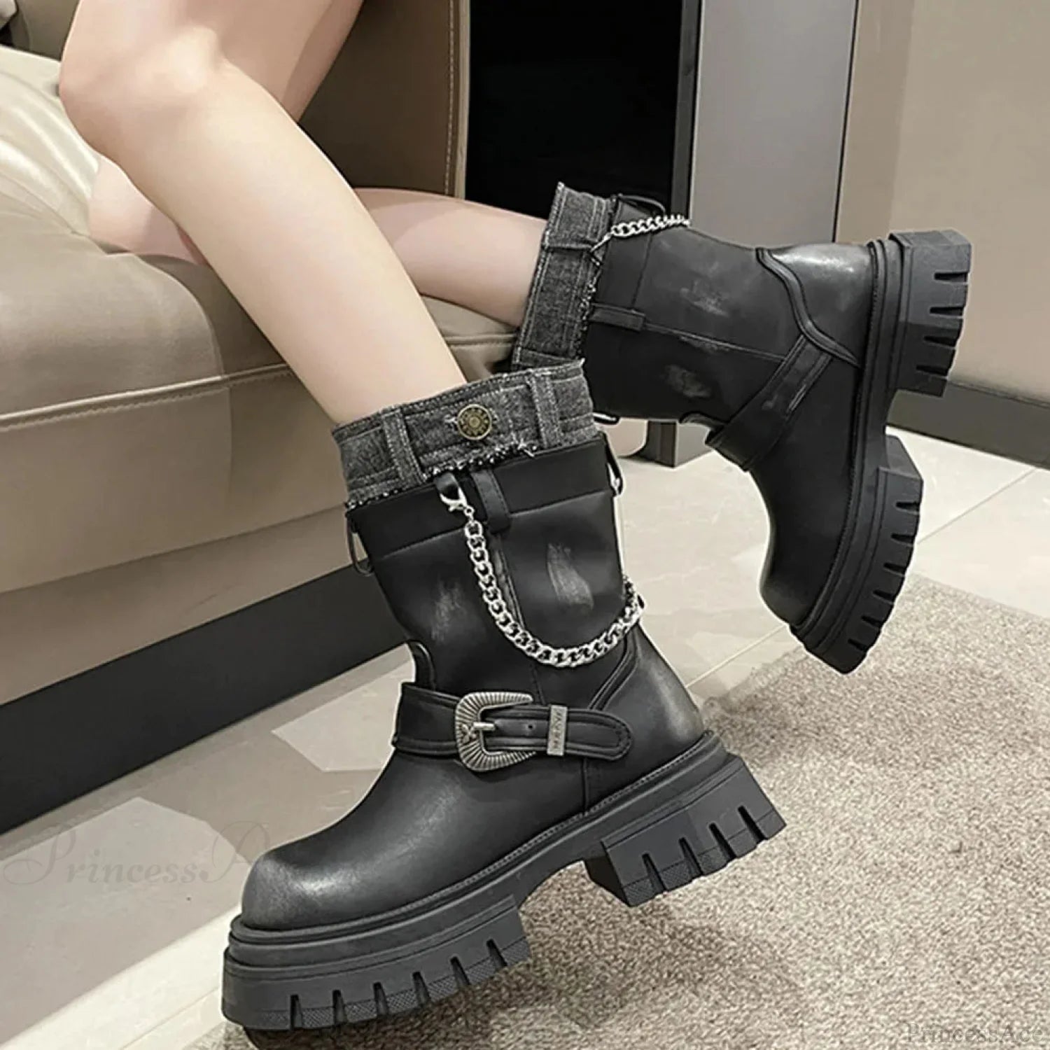 Platform Crease Knee High Gothic Belt Clasp Boot