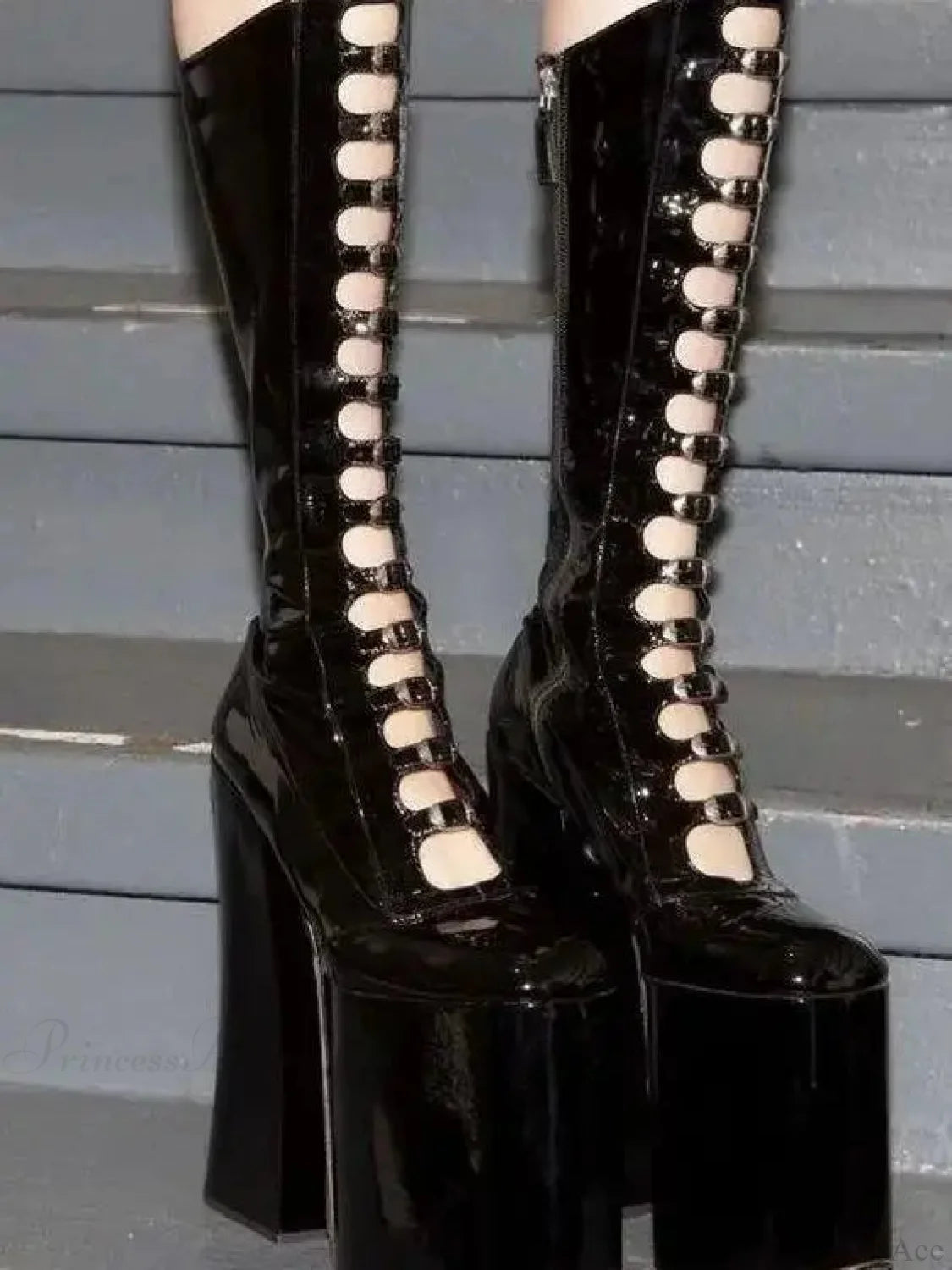 Platform Patent Leather Gothic Buckle Tall Boot