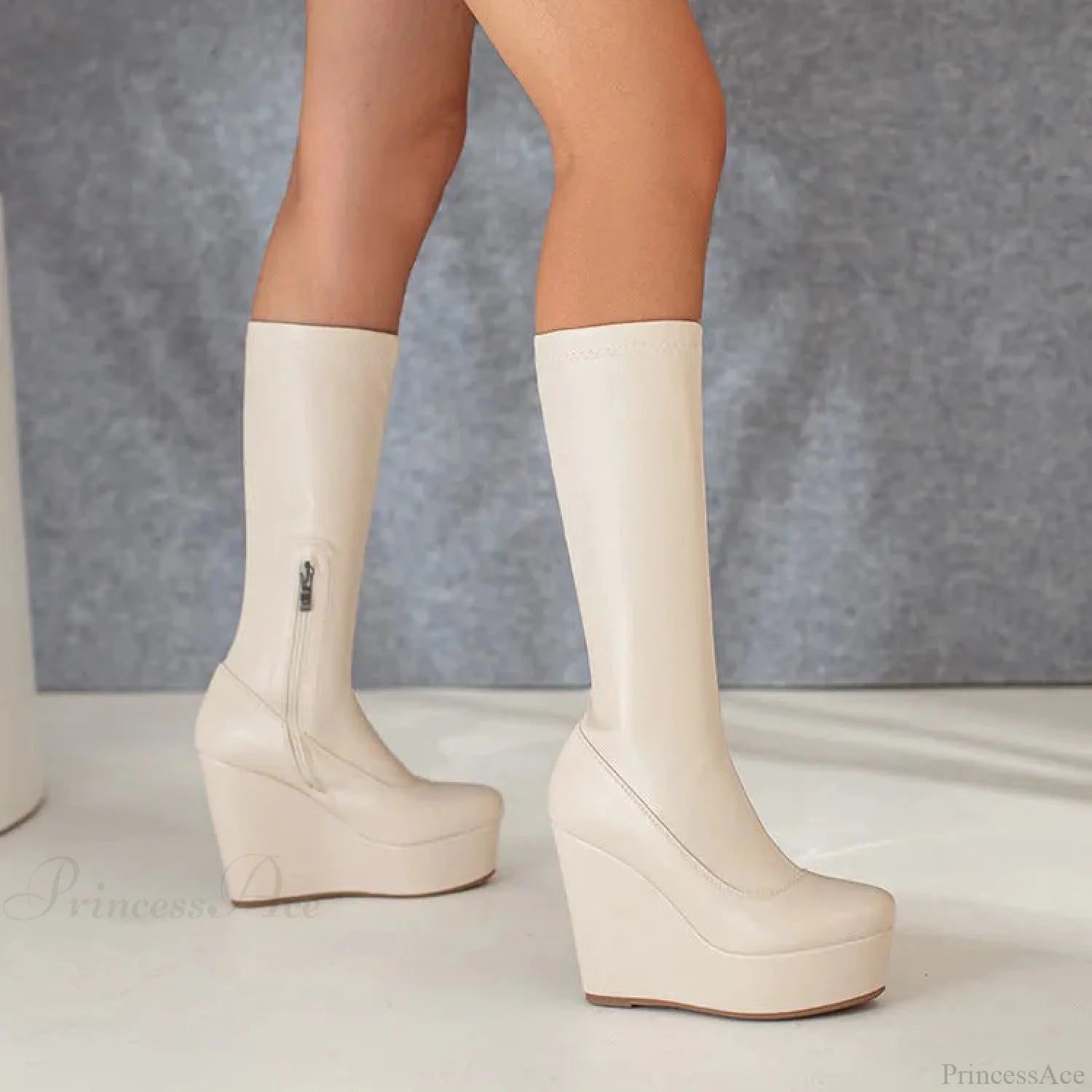 Platform Ramps Mid Calf Gothic Informal Boot Beige / 5