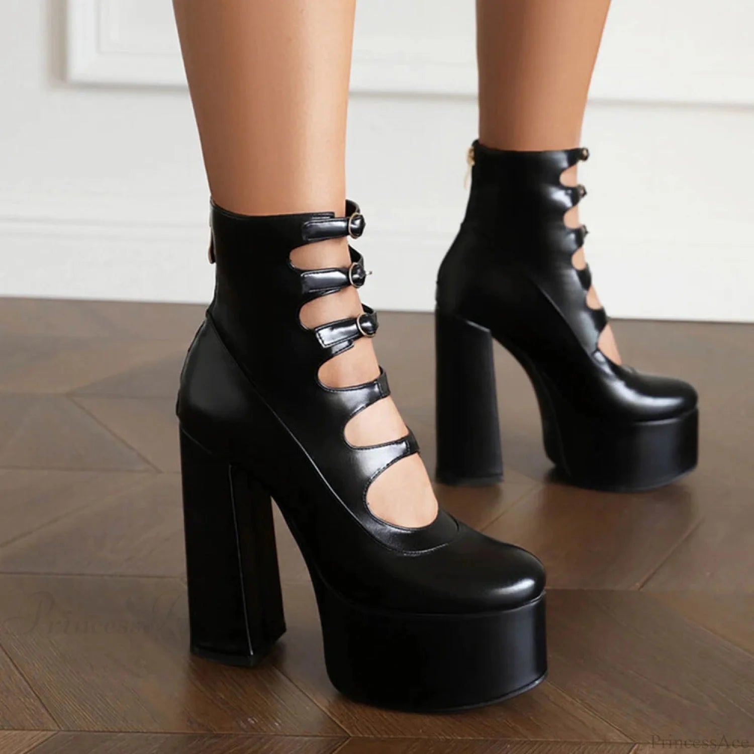 Platform Tall Heels Summer Cutout Dark Boot black C / 4
