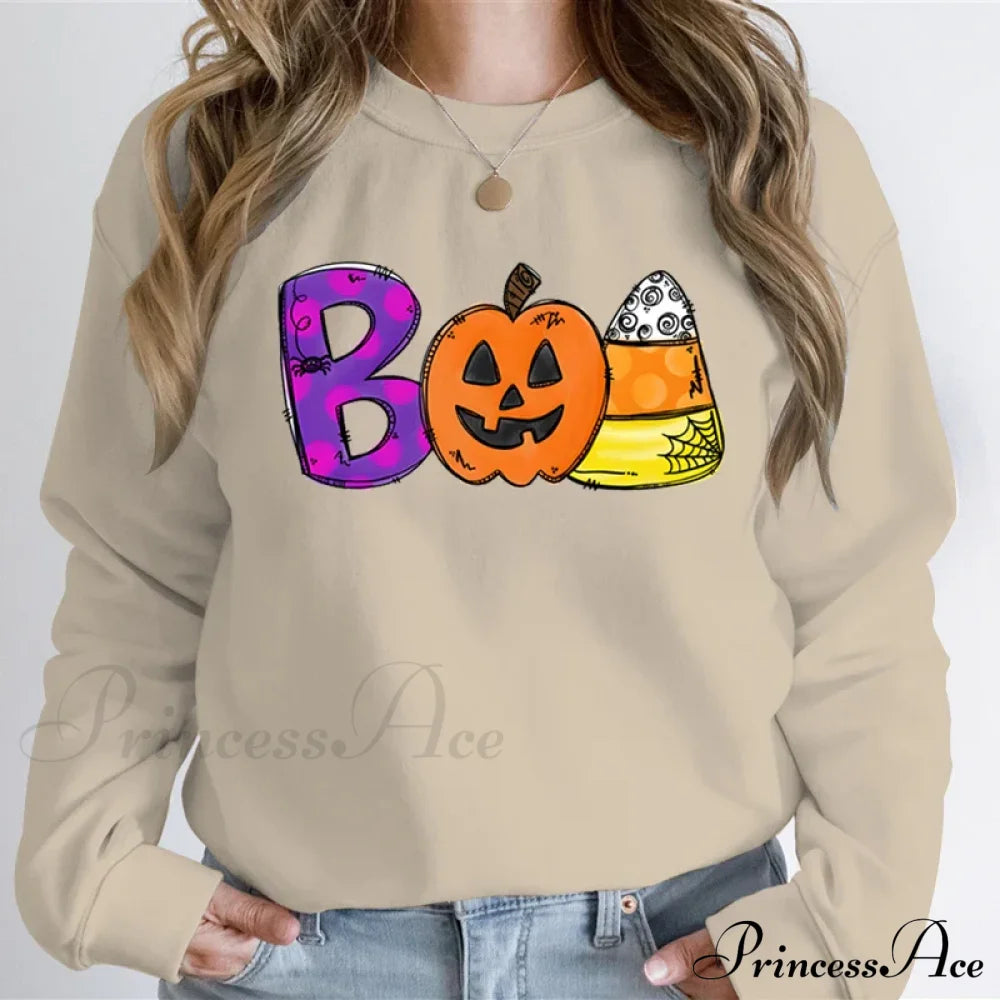 Playful Spooky Festive Pumpkin Graphic Cozy Hoodie Khaki / Xs Sweatshirts & Hoodies-L