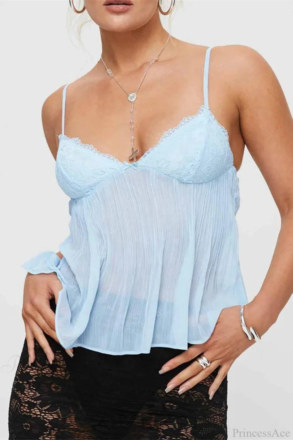 Pleated Bowknot Lace See-through Crop Top BLUE / S croptop-250126