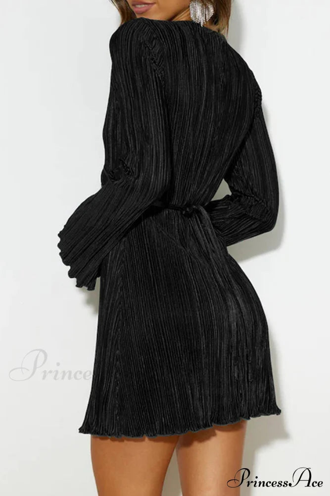 Pleated Flares Sleeve Mini Dress With Tie-Up Black / Xl Dresses