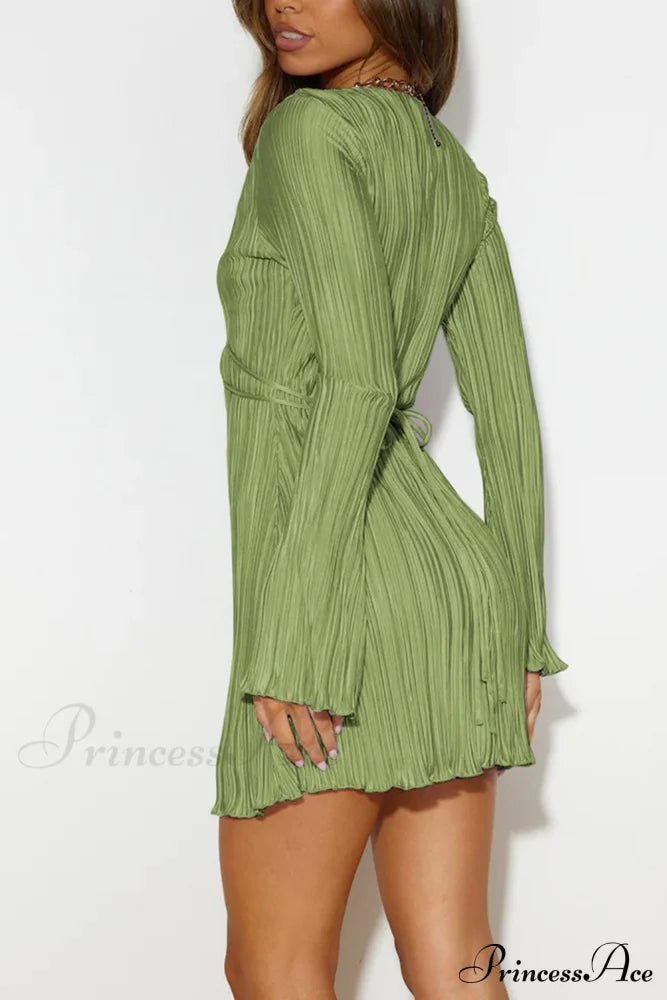 Pleated Flares Sleeve Mini Dress With Tie-Up Grass Green / L Dresses