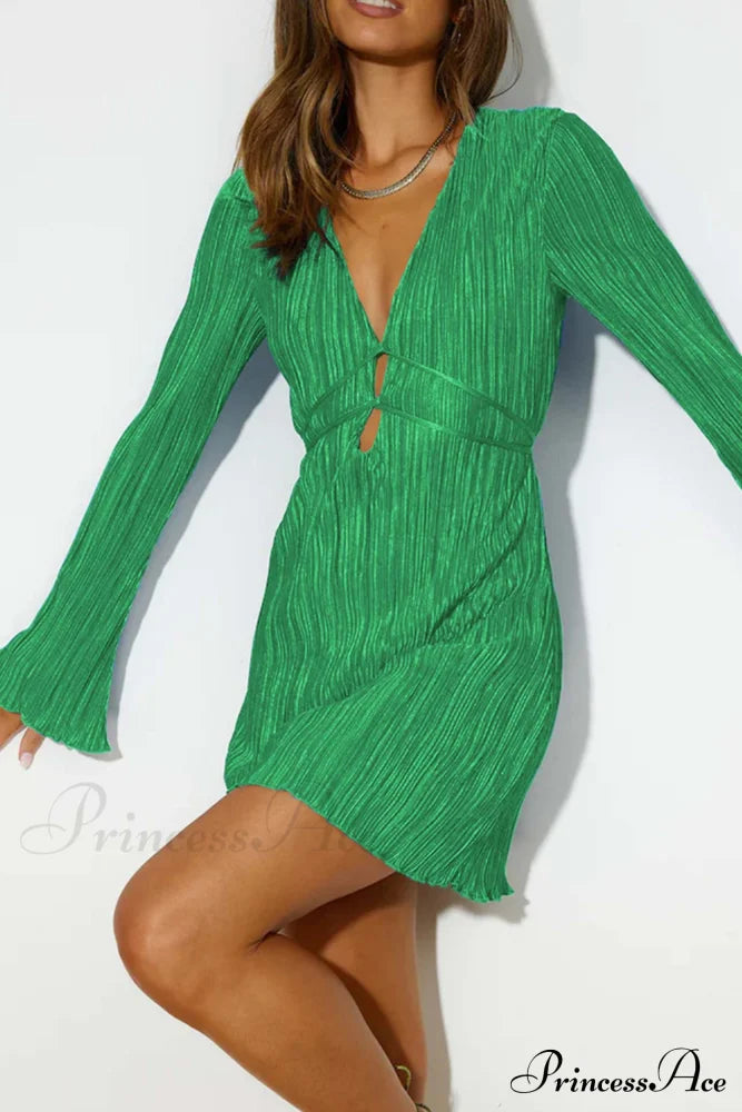 Pleated Flares Sleeve Mini Dress With Tie-Up Green / L Dresses