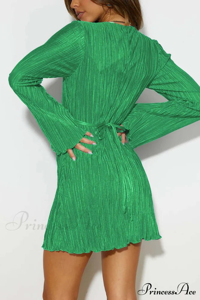 Pleated Flares Sleeve Mini Dress With Tie-Up Green / Xl Dresses