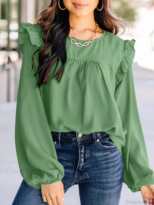 Pleated Front Lantern Sleeve Casual Chic Blouse Green / S blouse-250126