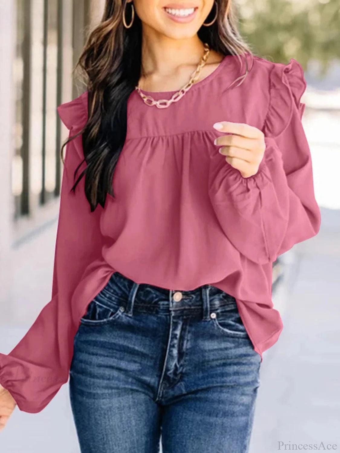 Pleated Front Lantern Sleeve Casual Chic Blouse Pink / S blouse-250126