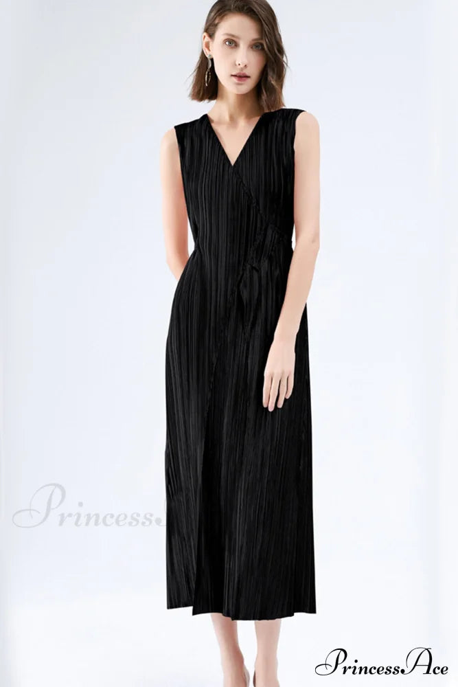 Pleated Glossy Tie-Strap Dress Black / One Size Midi Dresses