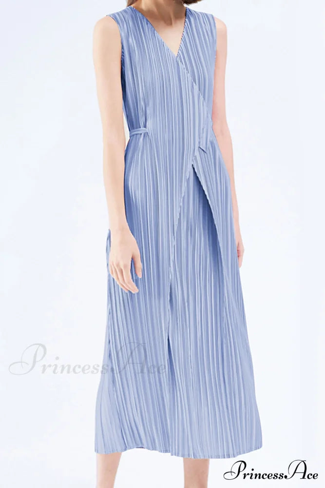 Pleated Glossy Tie-Strap Dress Blue / One Size Midi Dresses