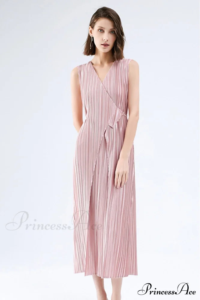 Pleated Glossy Tie-Strap Dress Midi Dresses