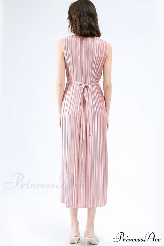 Pleated Glossy Tie-Strap Dress Midi Dresses