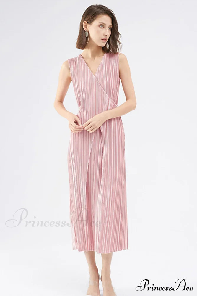 Pleated Glossy Tie-Strap Dress Midi Dresses