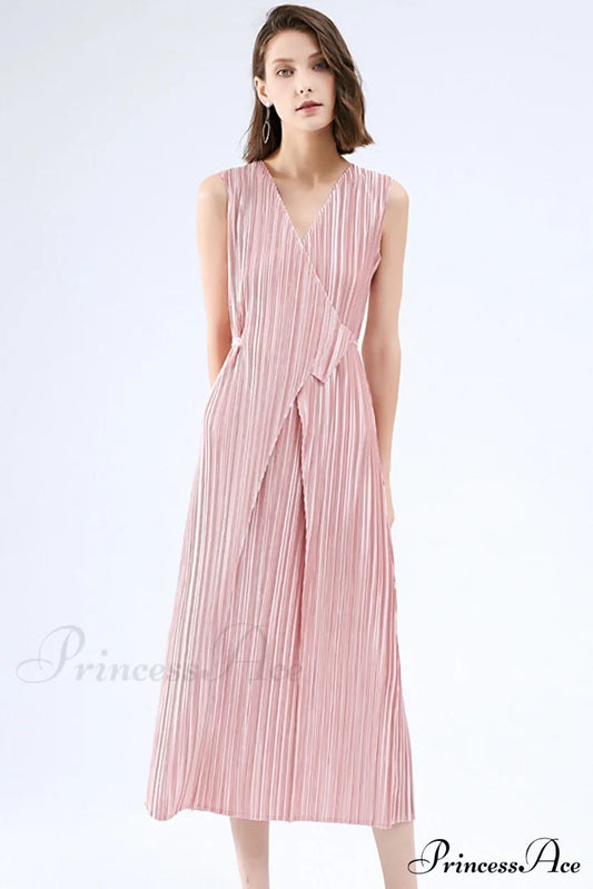 Pleated Glossy Tie-Strap Dress Pink / One Size Midi Dresses