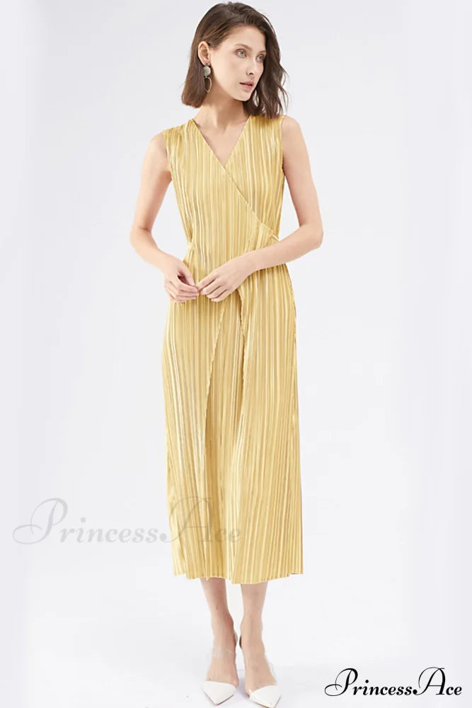 Pleated Glossy Tie-Strap Dress Yellow / One Size Midi Dresses