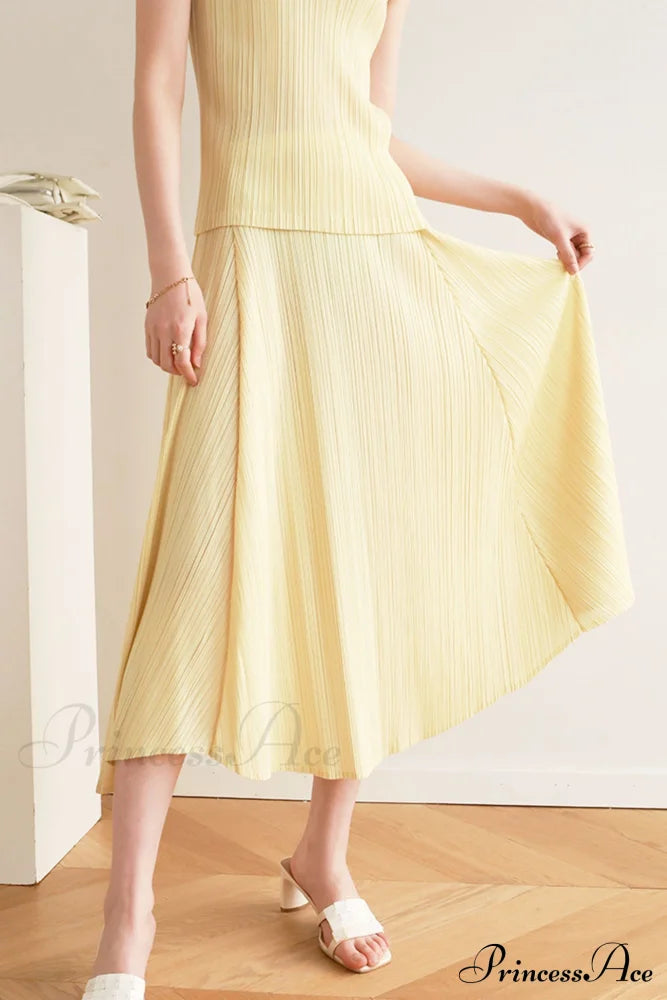 Pleated High Waist Skirt - Solid Color Midi Dresses