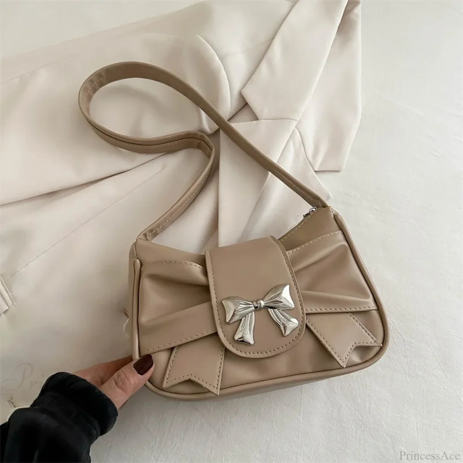 Pleated Korean Bow Shoulder Bag for Women Khaki shoulder-250126