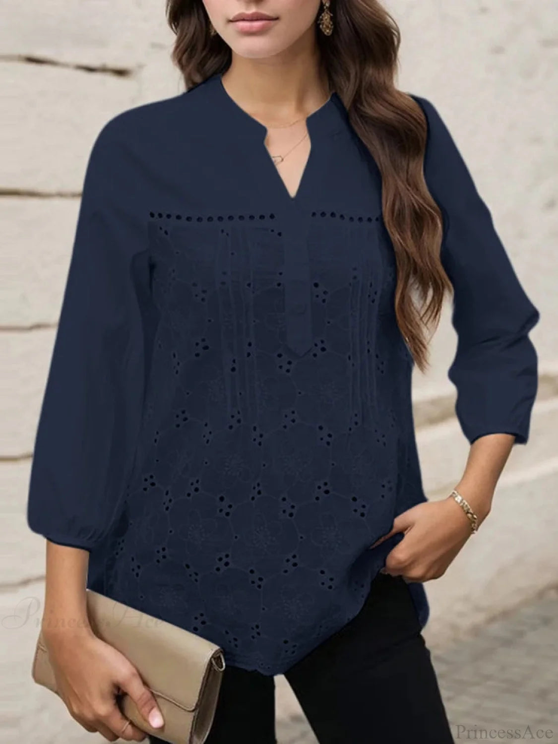 Pleated Lace Insert V-neck 3/4 Sleeve Blouse Dark Blue / S blouse-250126