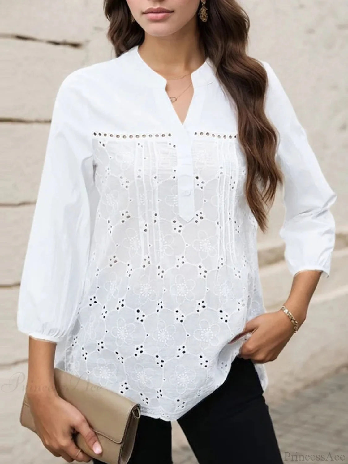 Pleated Lace Insert V-neck 3/4 Sleeve Blouse WHITE / S blouse-250126