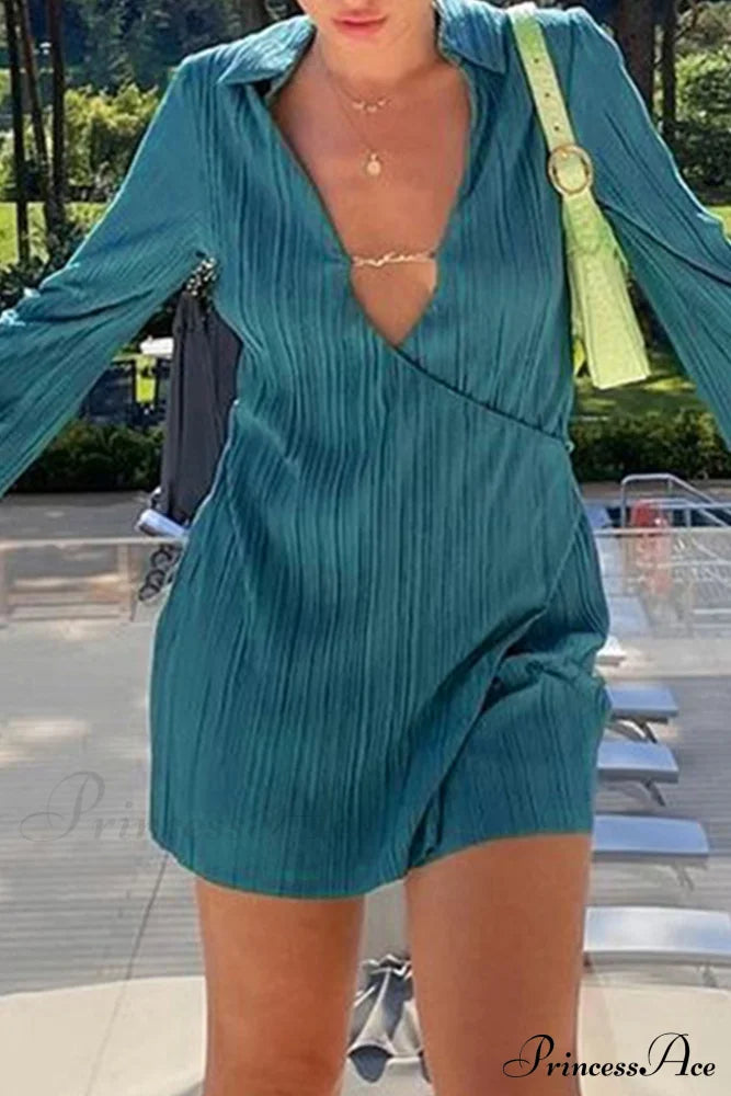 Pleated Lapel Mini Dress With Low Cut Dark Green / M Dresses