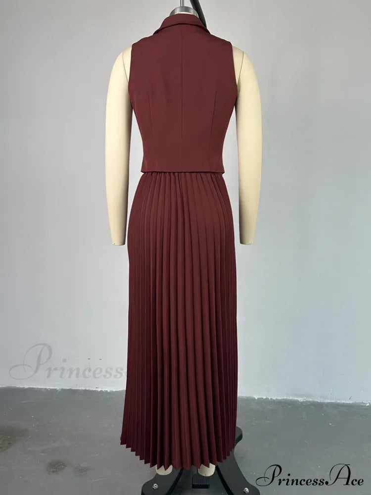 Pleated Midi Skirt Charming And Vest Set