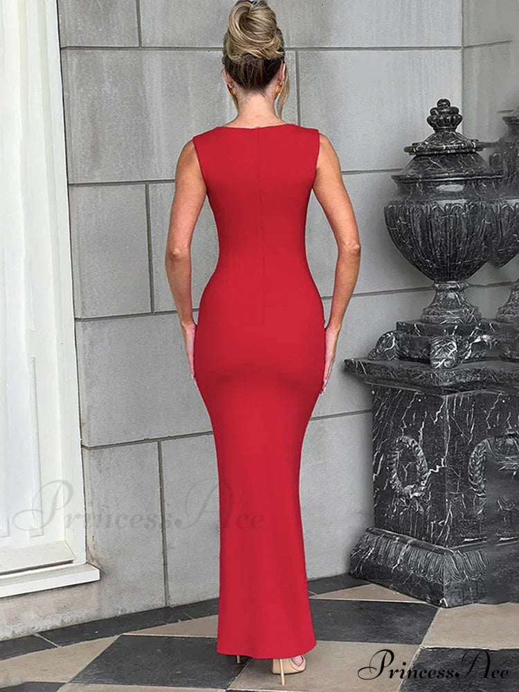 Pleated Sleeveless Evening Party Dress Elegant Sexy Bodycon Maxi Long Christmas Dresses-L