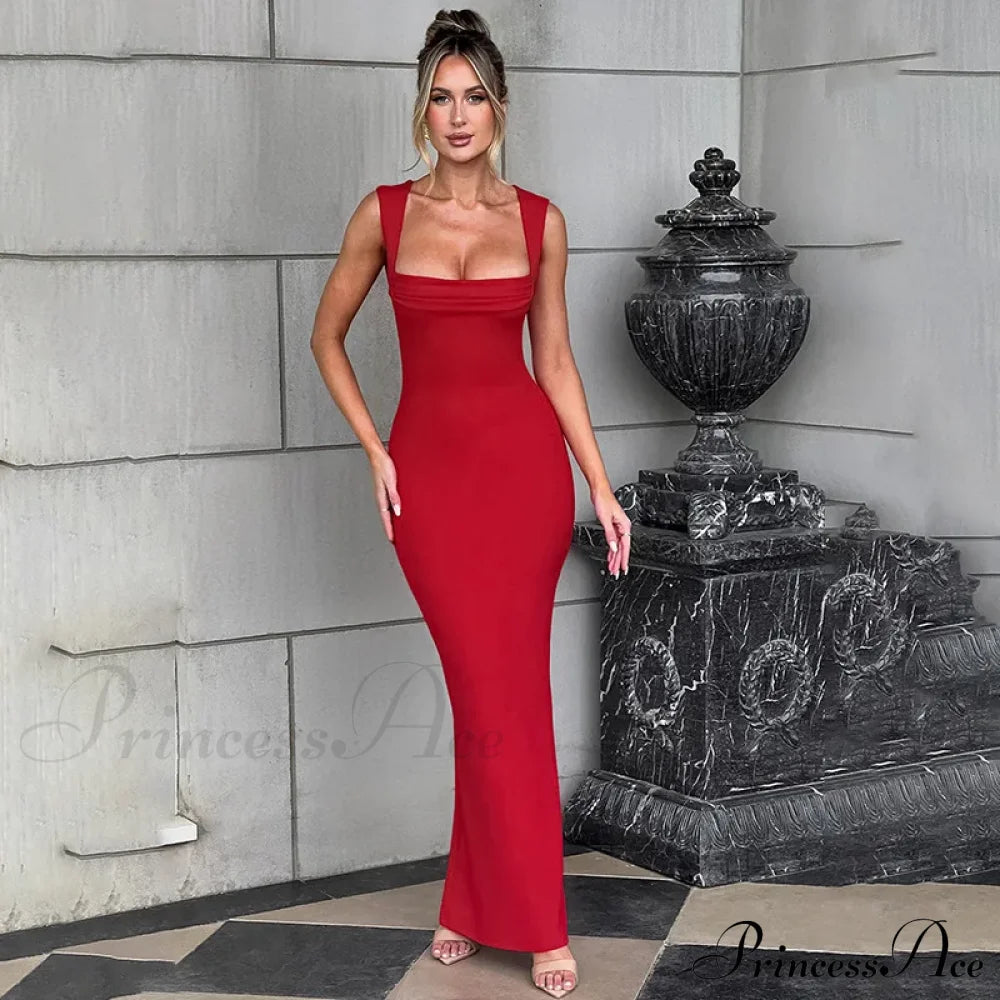 Pleated Sleeveless Evening Party Dress Elegant Sexy Bodycon Maxi Long Christmas Dresses-L