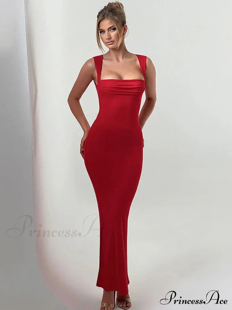 Pleated Sleeveless Evening Party Dress Elegant Sexy Bodycon Maxi Long Christmas Red / S Dresses-L