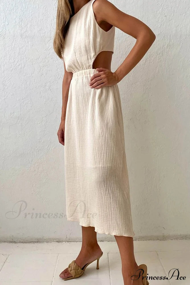 Pleated Tank Dress With Single-Breasted Closure And Bare Waist Apricot / M Midi Dresses