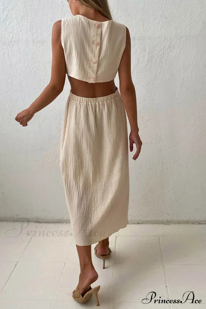 Pleated Tank Dress With Single-Breasted Closure And Bare Waist Apricot / S Midi Dresses