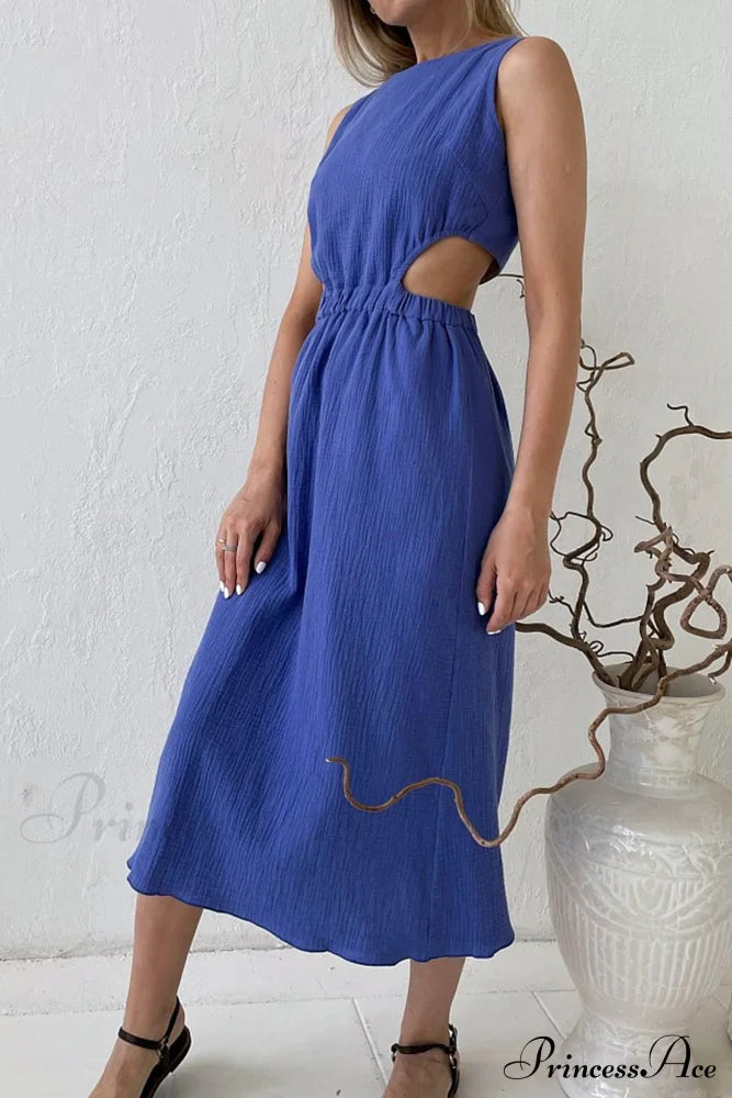 Pleated Tank Dress With Single-Breasted Closure And Bare Waist Blue / L Midi Dresses