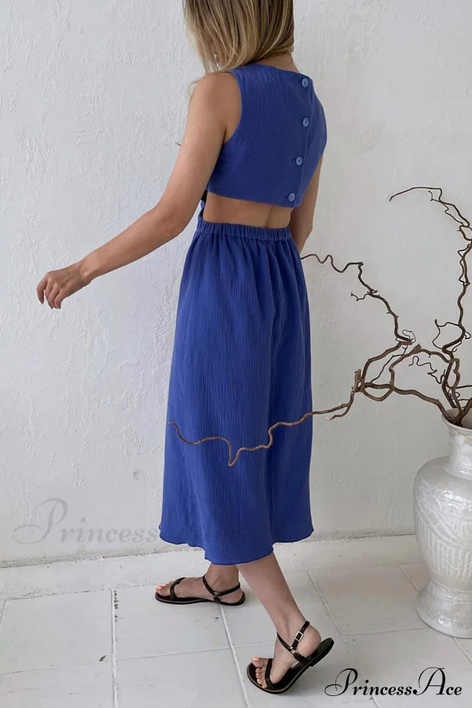 Pleated Tank Dress With Single-Breasted Closure And Bare Waist Blue / M Midi Dresses