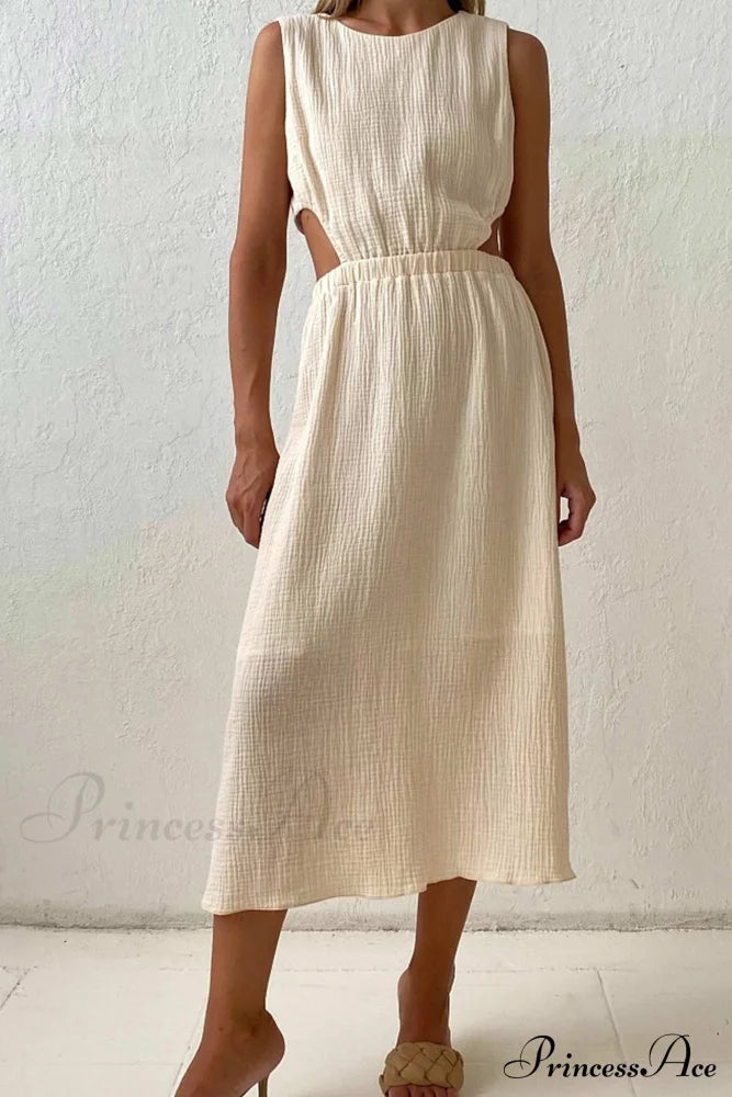 Pleated Tank Dress With Single-Breasted Closure And Bare Waist Midi Dresses