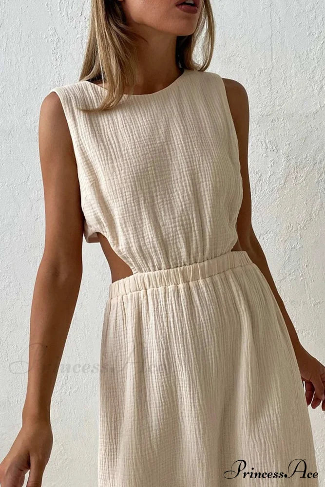 Pleated Tank Dress With Single-Breasted Closure And Bare Waist Midi Dresses