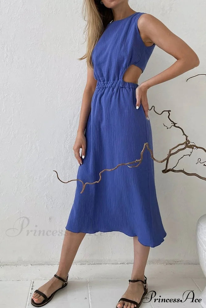 Pleated Tank Dress With Single-Breasted Closure And Bare Waist Midi Dresses