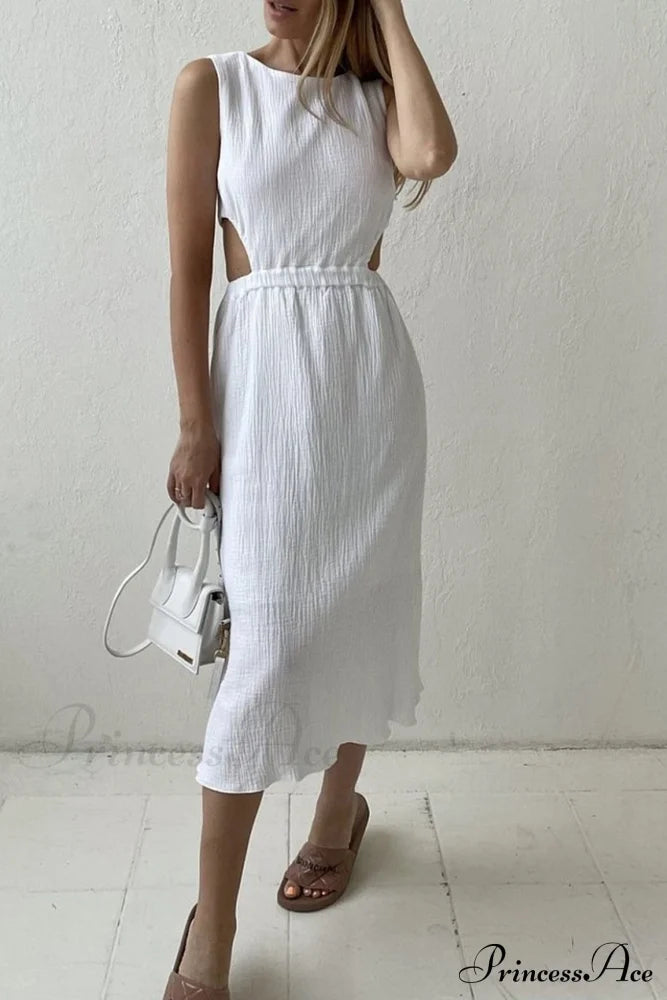 Pleated Tank Dress With Single-Breasted Closure And Bare Waist White / L Midi Dresses