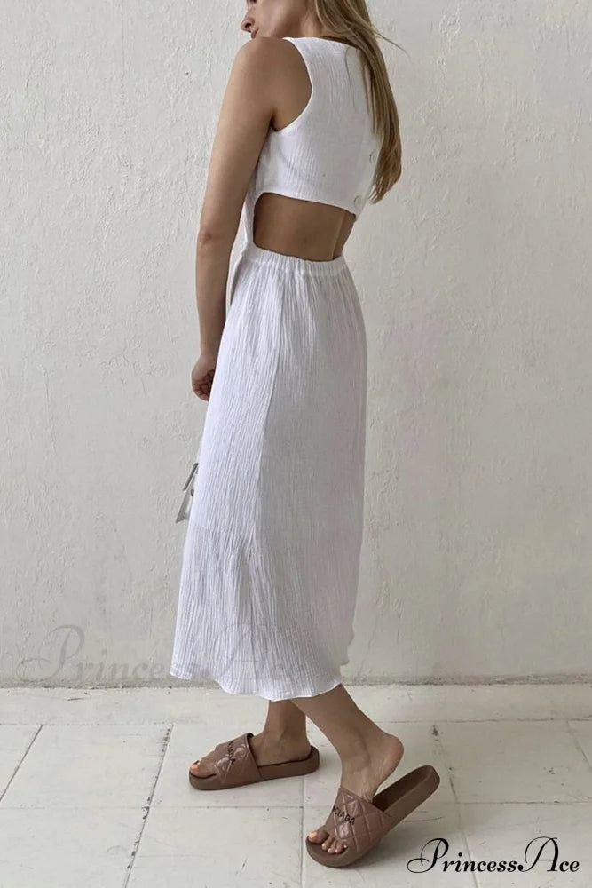 Pleated Tank Dress With Single-Breasted Closure And Bare Waist White / M Midi Dresses