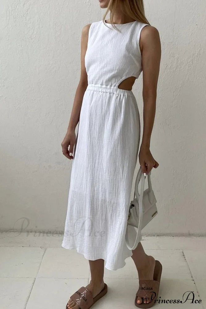 Pleated Tank Dress With Single-Breasted Closure And Bare Waist White / S Midi Dresses