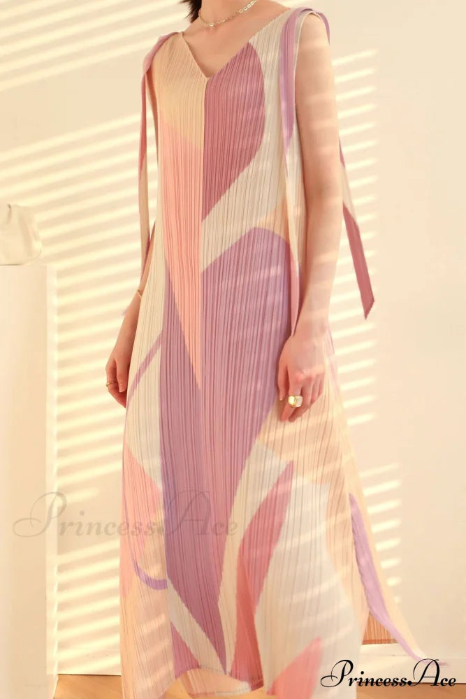 Pleated Tie-Shoulder Print Dress Pink / One Size Midi Dresses