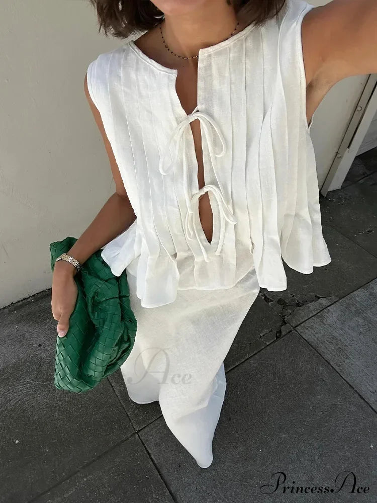 Pleated Tie Up Sleeveless Graceful Top And Midi Skirt Set Long 2 Pieces
