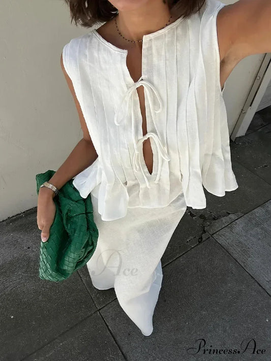 Pleated Tie Up Sleeveless Graceful Top And Midi Skirt Set Long 2 Pieces