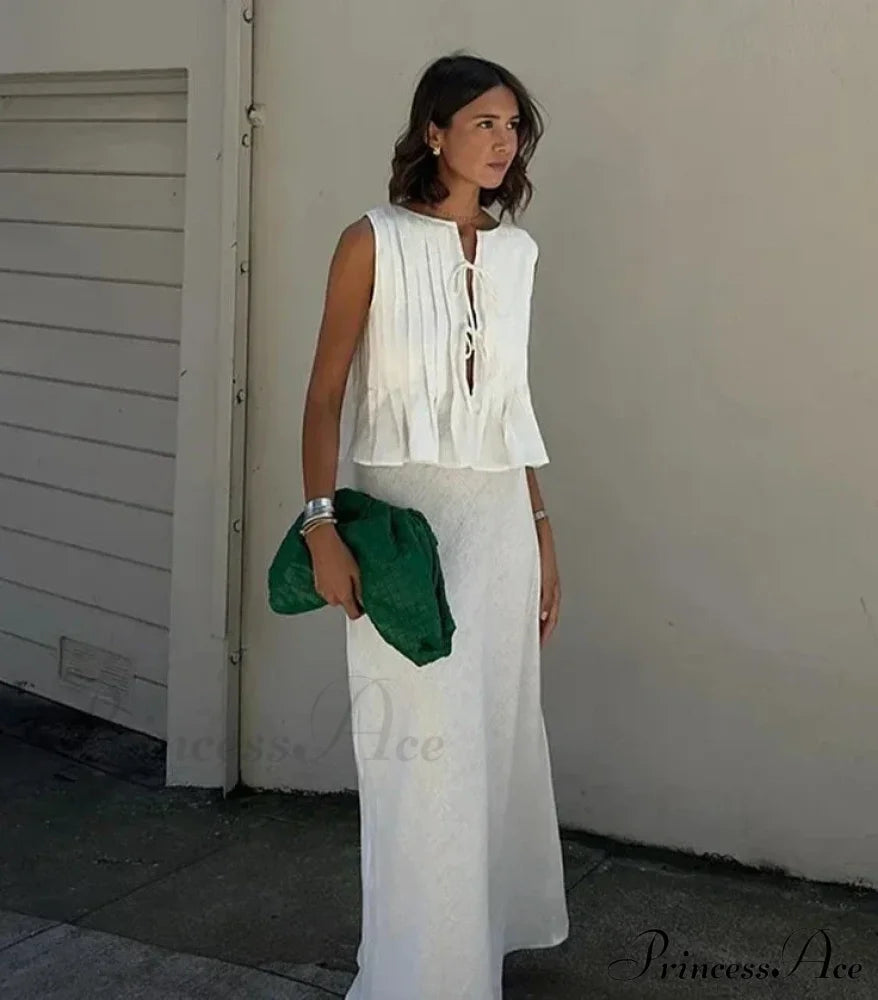 Pleated Tie Up Sleeveless Graceful Top And Midi Skirt Set Long 2 Pieces