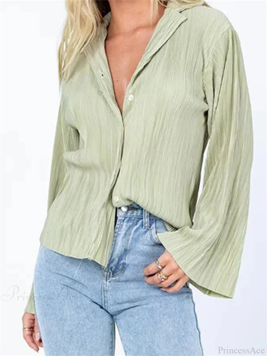 Pleated V-neck Button-Down Blouse blouse-250223